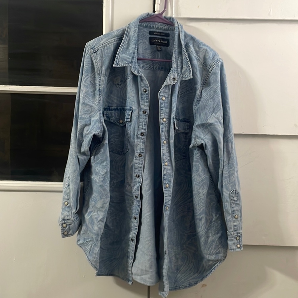 Patterned denim button down